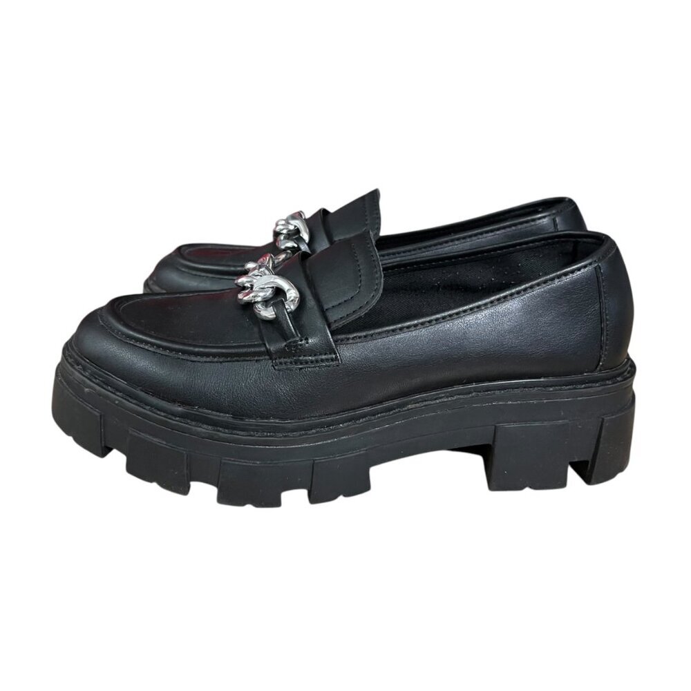 Womens No Boundaries Black Chunky Loafers With Silver Chain Detail Size 7 - Picture 3 of 8
